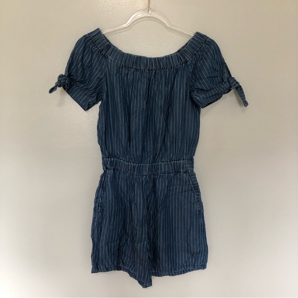 Zara Romper Off the Shoulder Tencel Blue with White Stripes Short Sleeves Small